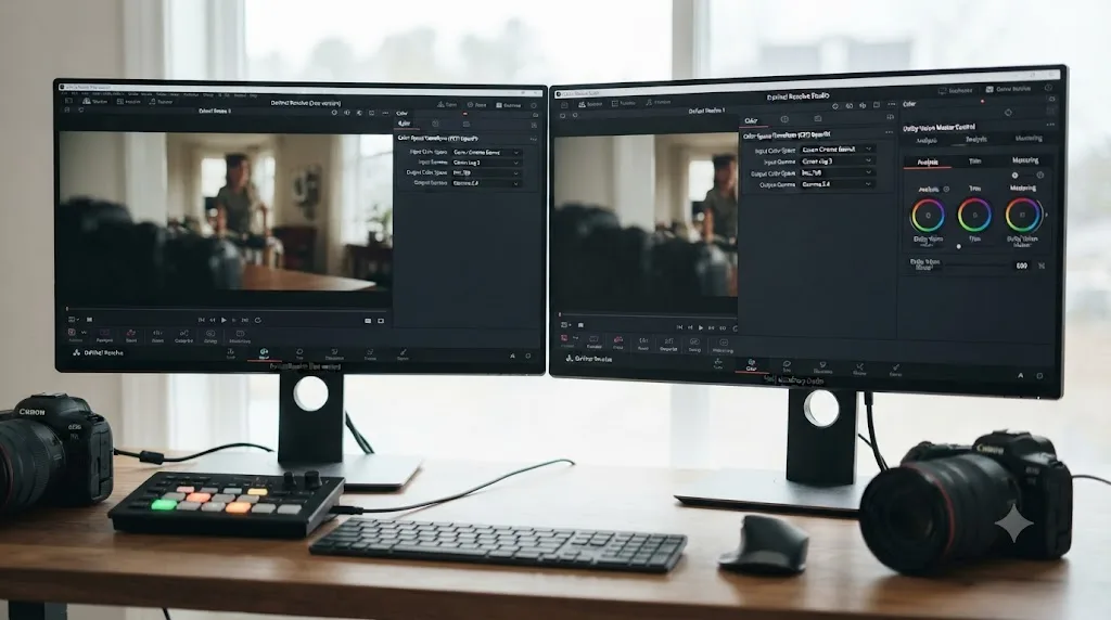 Illustration comparing DaVinci Resolve free and Studio editions, showing identical Color Space Transform tools and Studio-only Dolby Vision options
