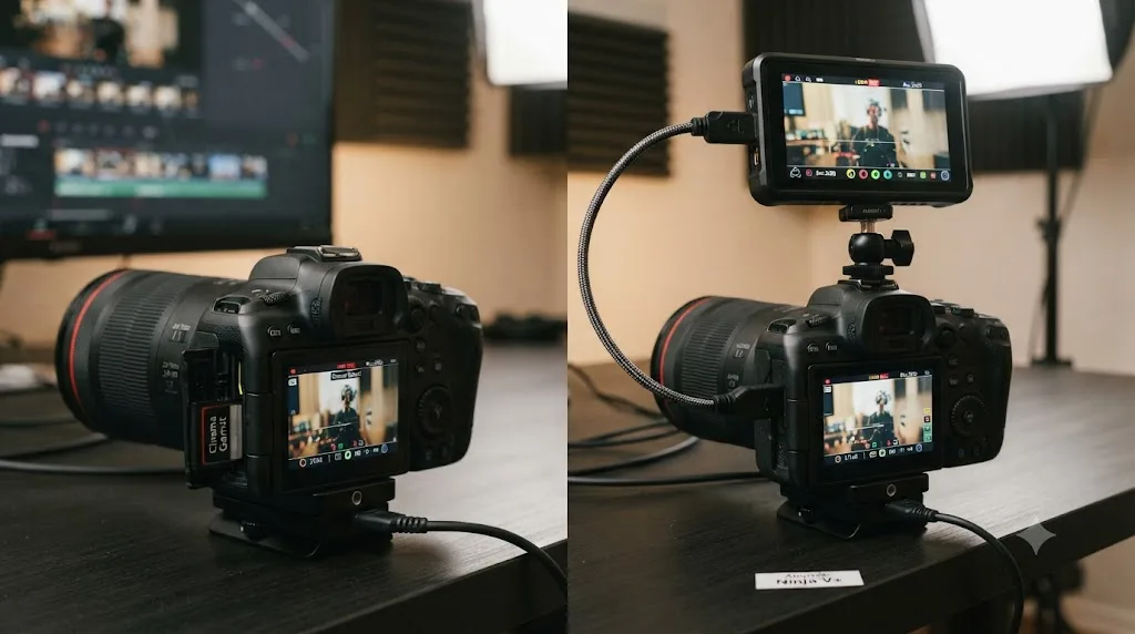 Illustration comparing Canon R6 Mark II internal recording tagged Cinema Gamut against HDMI external recording tagged Rec.2020