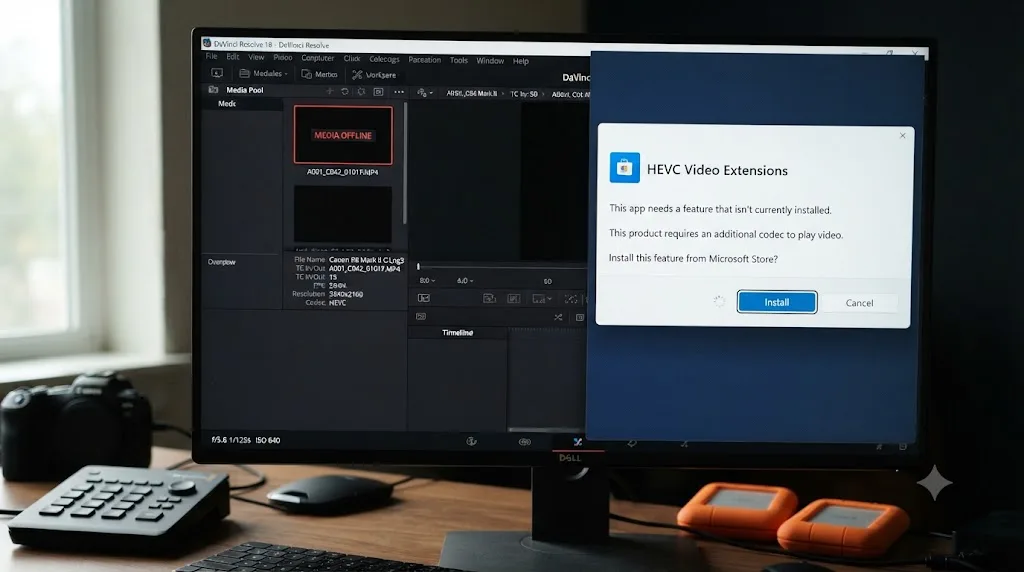 Illustration of a DaVinci Resolve Media Pool clip labeled Media Offline next to a Windows HEVC codec installation prompt