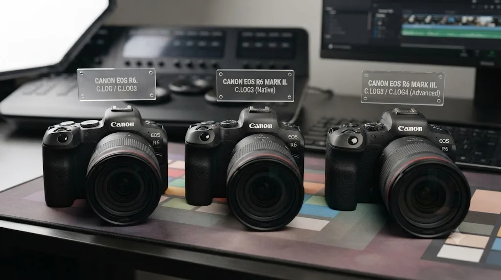 Illustration comparing Canon EOS R6, R6 Mark II, and R6 Mark III with their available Canon Log gamma options