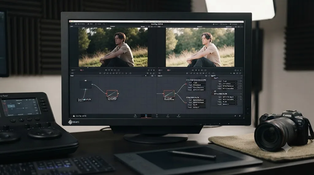 Illustration comparing a single Canon LUT node against a two-node Color Space Transform setup for Canon R6 Mark II C-Log3 footage in DaVinci Resolve