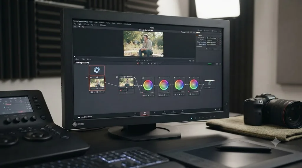 Illustration of a DaVinci Resolve node graph with a Noise Reduction node placed before a Color Space Transform node on Canon R6 Mark II C-Log3 footage
