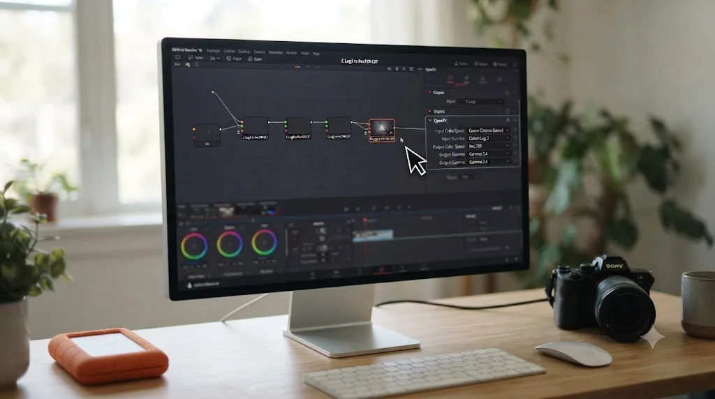 Illustration of an on-screen assistant highlighting the Color Space Transform settings in DaVinci Resolve on a Mac