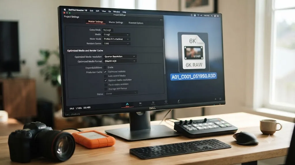 Illustration of a DaVinci Resolve Optimized Media settings panel next to a 6K ProRes RAW file icon from a Canon EOS R6 Mark II