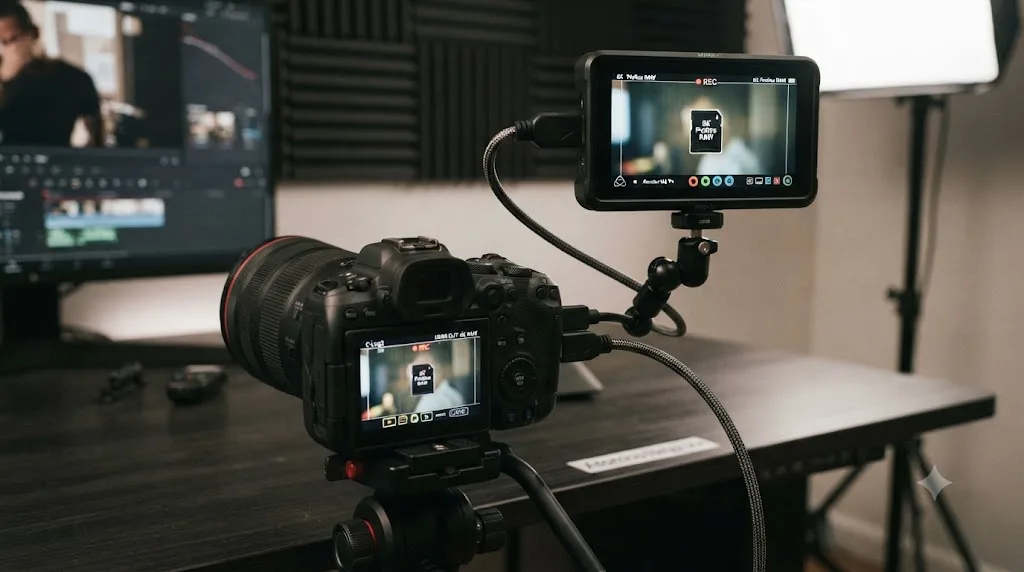 Illustration of a Canon EOS R6 Mark II connected to an Atomos Ninja V+ external recorder outputting 6K ProRes RAW over HDMI