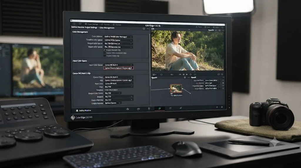 Illustration comparing DaVinci Resolve Color Management settings against a manual Color Space Transform node for Canon R6 Mark II footage