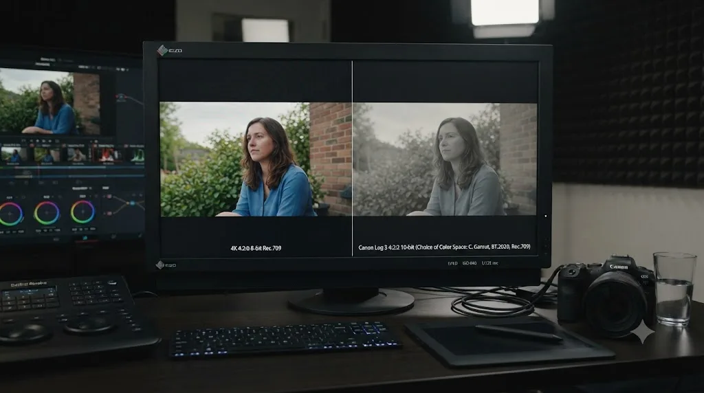 Illustration comparing Canon EOS R6 Mark II standard 4K recording and Canon Log 3 recording bit depths and color space options