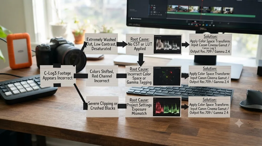 Illustration of a troubleshooting decision tree matching Canon R6 Mark II C-Log3 footage symptoms in DaVinci Resolve to their causes