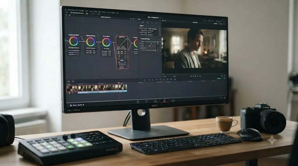 Illustration of a five-node DaVinci Resolve node graph taking Canon R6 Mark II C-Log3 footage from Log source to finished Rec.709 grade