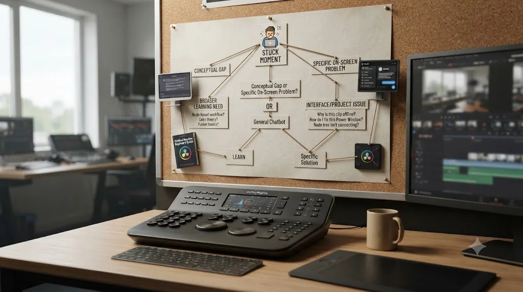 Illustration of a decision flowchart distinguishing a conceptual learning gap from a specific on-screen DaVinci Resolve problem