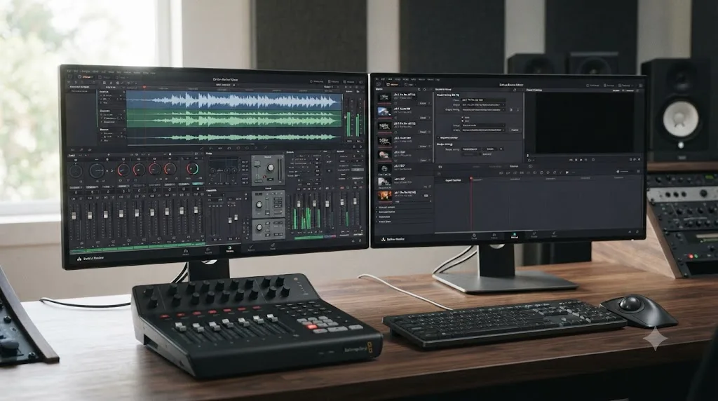 Illustration of DaVinci Resolve's Fairlight audio mixer and Deliver page export queue shown without any on-screen assistant present
