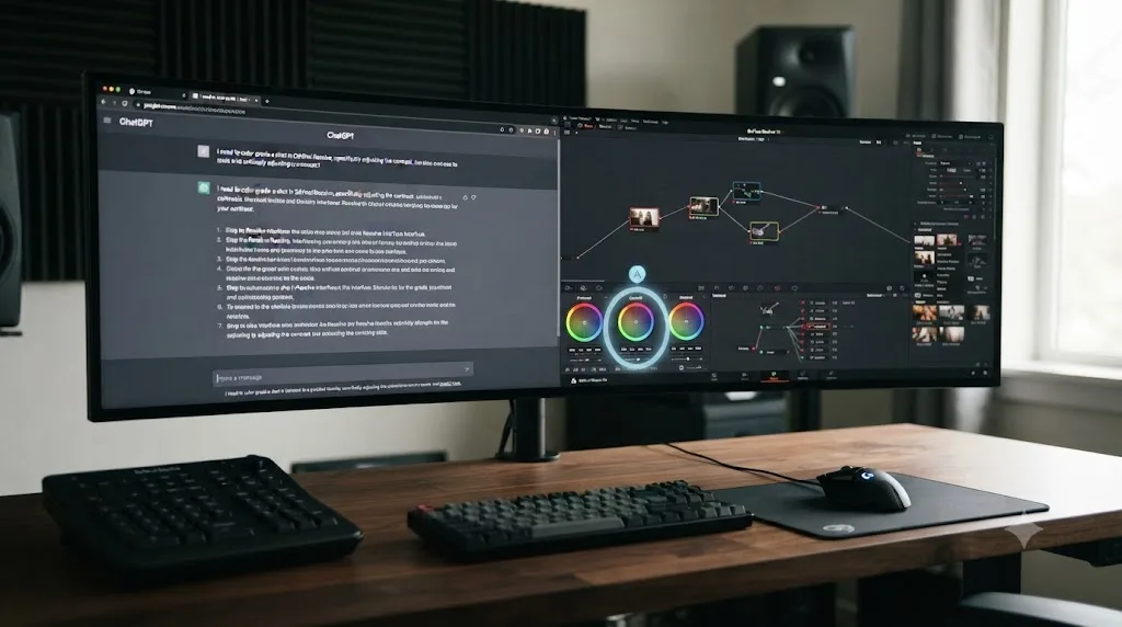 Illustration of a ChatGPT chat window beside a DaVinci Resolve window with an on-screen assistant circling a control