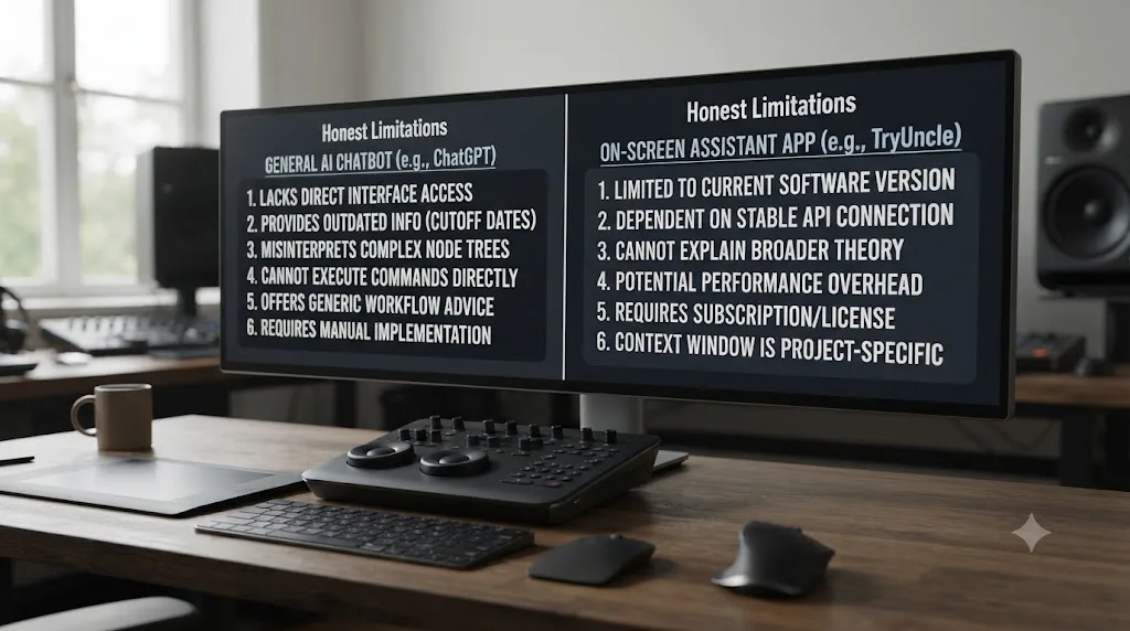 Illustration of a two-column list showing honest limitations of a general AI chatbot and an on-screen assistant app