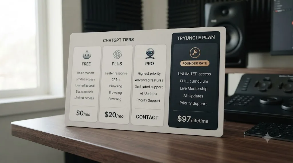 Illustration of a pricing comparison card showing ChatGPT's tiered pricing next to TryUncle's single subscription price