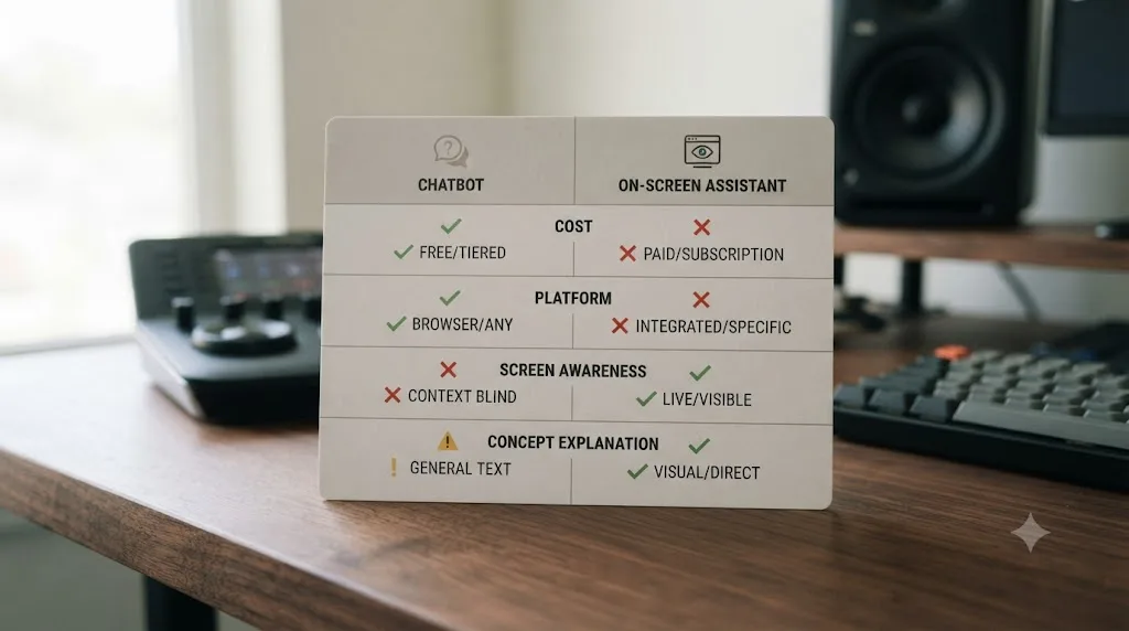 Illustration of a two-column scorecard comparing an AI chatbot and an on-screen assistant across several dimensions