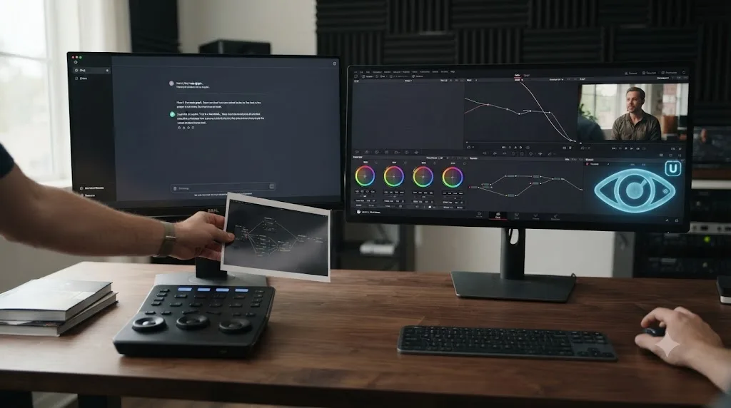 Illustration contrasting a single static image handed to a chatbot with a live screen watched continuously by an on-screen assistant