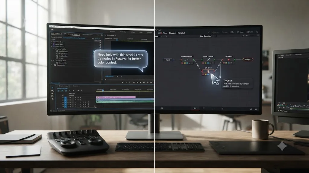 Illustration comparing a Premiere Pro effect stack with a DaVinci Resolve node tree, alongside a chatbot bubble and an on-screen assistant pointer