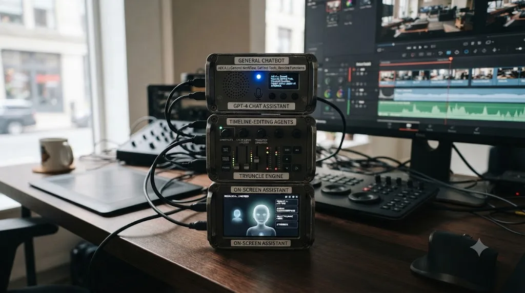Illustration of three categories of AI tools for DaVinci Resolve arranged as a labeled stack