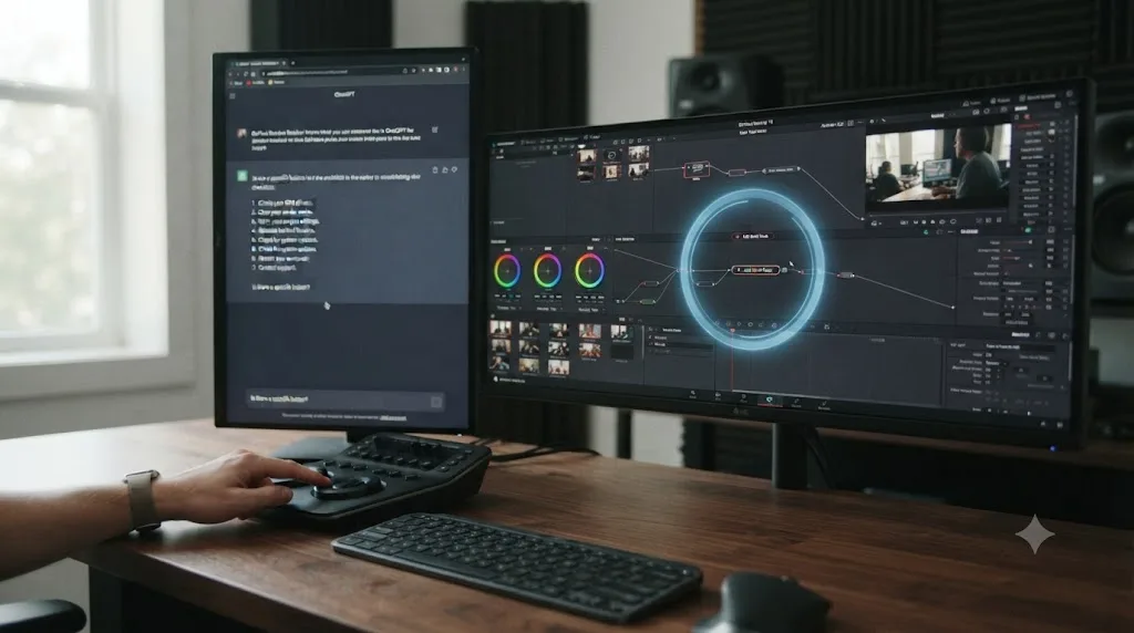 Illustration contrasting a chatbot's generic troubleshooting checklist with an on-screen assistant circling the exact control on a live DaVinci Resolve screen