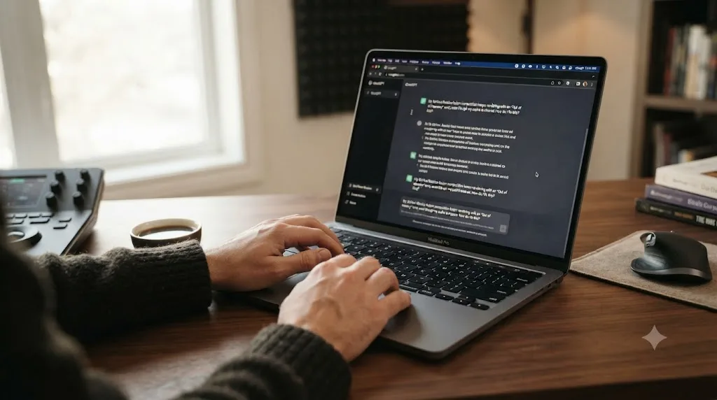 Illustration of a person typing a DaVinci Resolve question into a ChatGPT browser tab