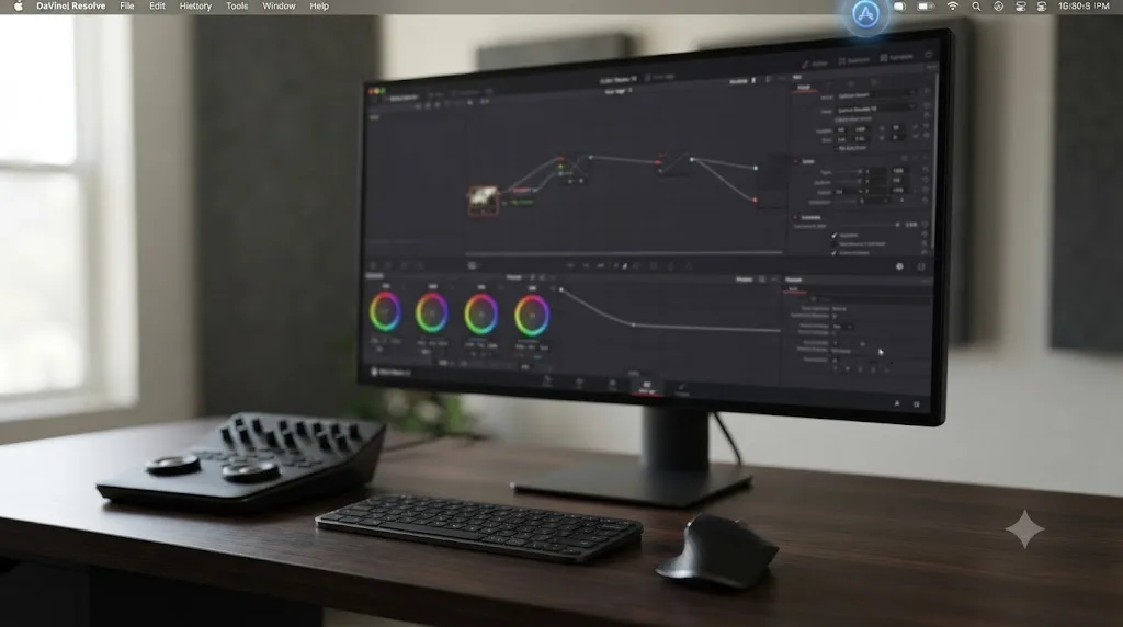 Illustration of an on-screen assistant icon in the macOS menu bar watching a DaVinci Resolve window