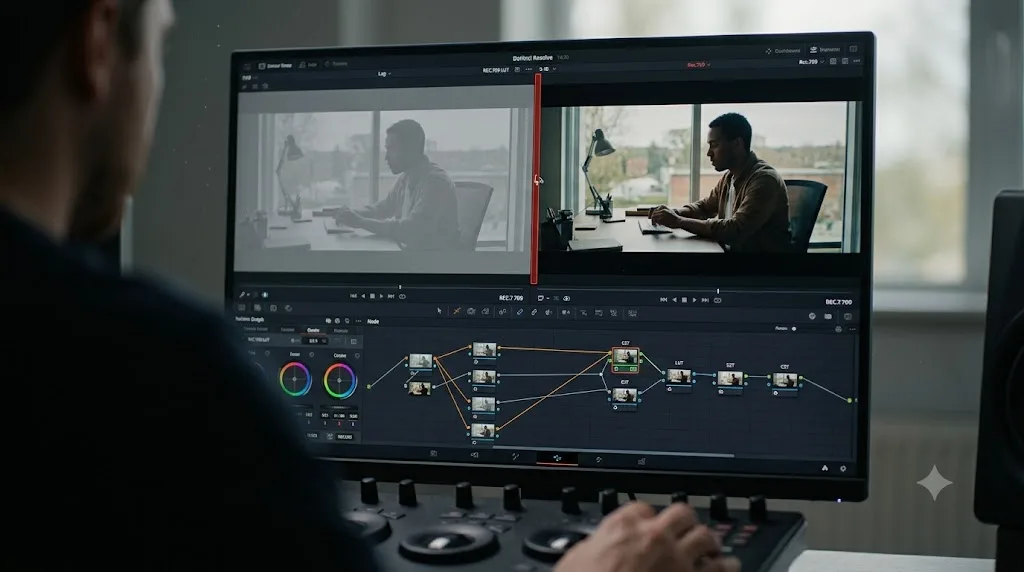 Illustration of log footage before and after normalization in DaVinci Resolve