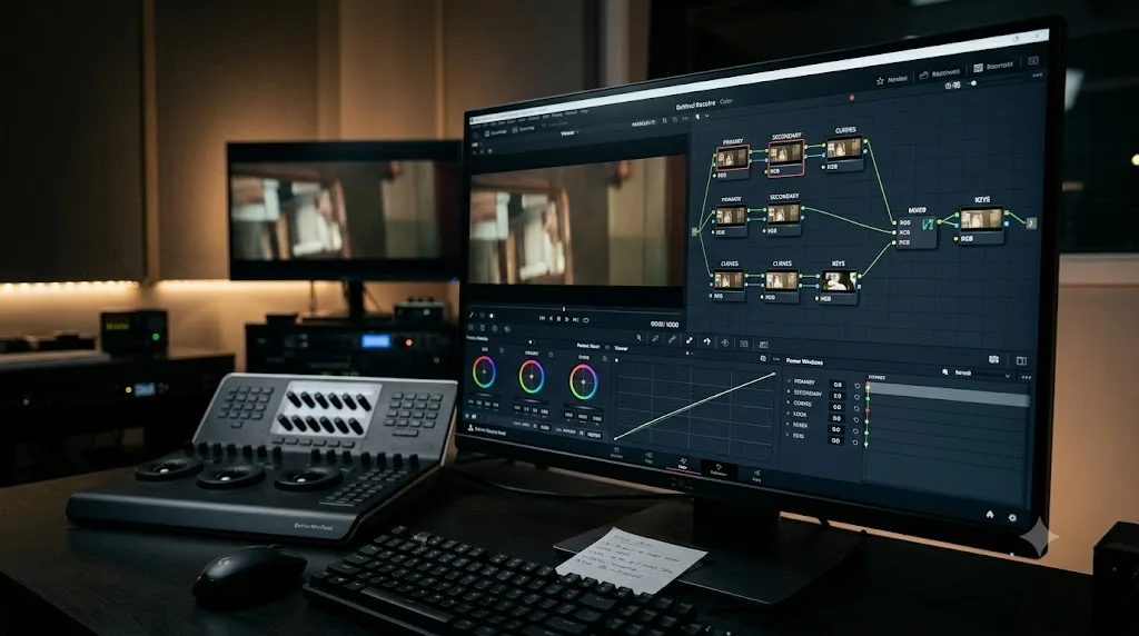 Illustration of a DaVinci Resolve node graph being used to grade a shot