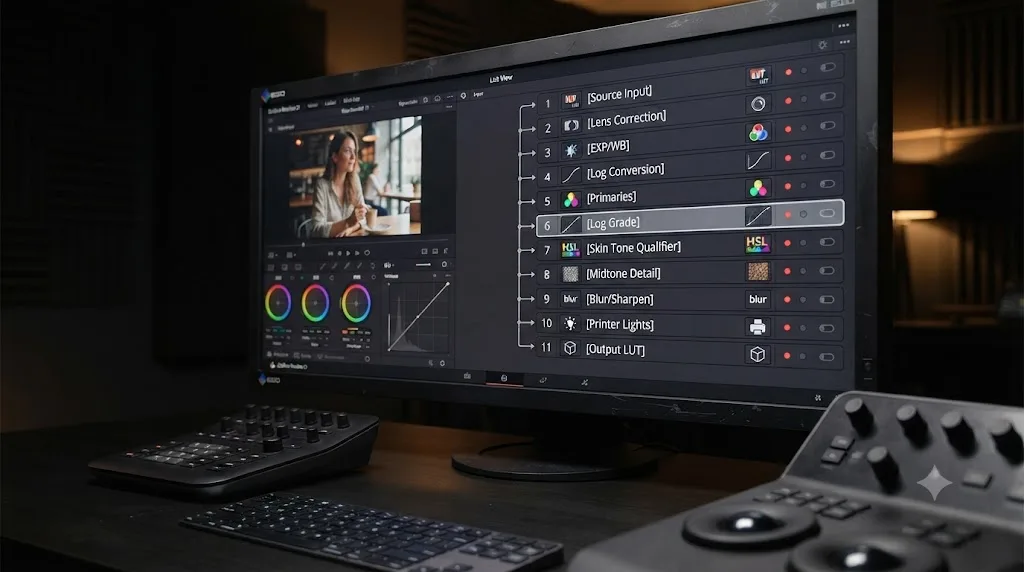Illustration of the DaVinci Resolve 21 node editor shown in layers view