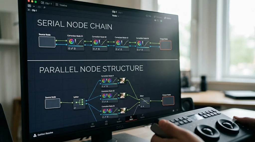 Illustration of serial and parallel node structures in a DaVinci Resolve node graph