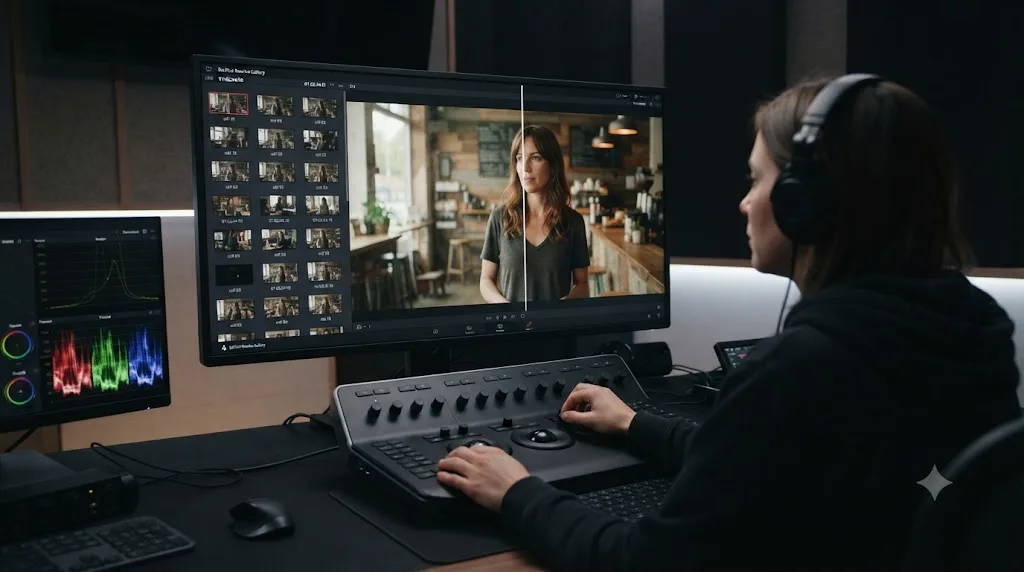 Illustration of shot matching with a wipe comparison in DaVinci Resolve