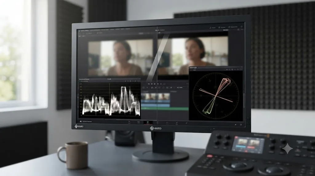 Illustration of a DaVinci Resolve waveform and vectorscope verifying an AI color match before it's accepted