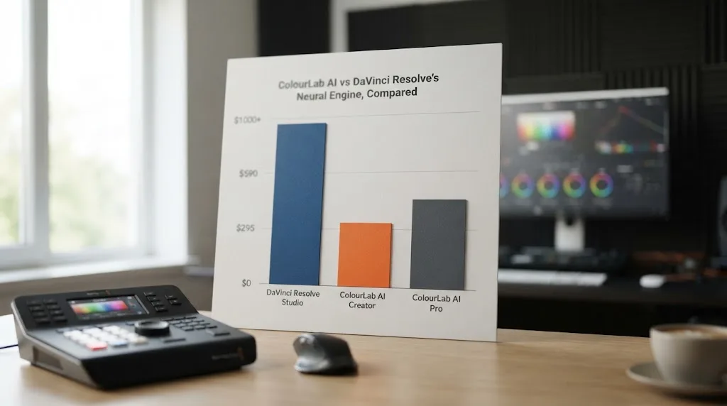 Illustration of a bar chart comparing annual costs of DaVinci Resolve Studio and ColourLab AI subscription tiers