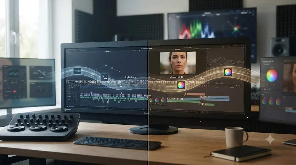 Illustration of two separate lanes for AI editing assistants and AI color grading tools for DaVinci Resolve
