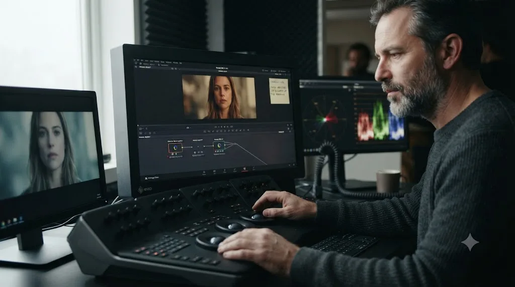 Illustration of a colorist manually adjusting a ColourLab AI match to match a director's creative note