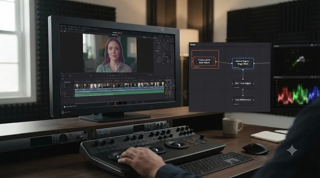 Illustration of ColourLab AI's base color match feeding into DaVinci Resolve's Neural Engine tools for finishing work