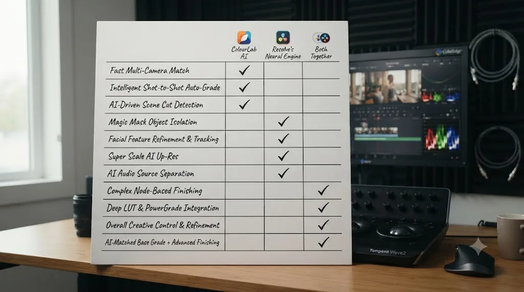 Illustration of a checklist matching colorist scenarios to ColourLab AI, DaVinci Resolve's Neural Engine, or both