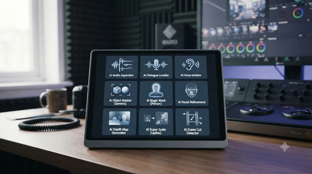 Illustration of DaVinci Resolve 21's nine new AI tools, none focused specifically on color matching