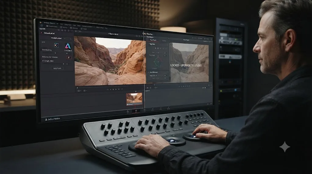 Illustration comparing free DaVinci Resolve running ColourLab AI against a locked Studio-only Neural Engine panel