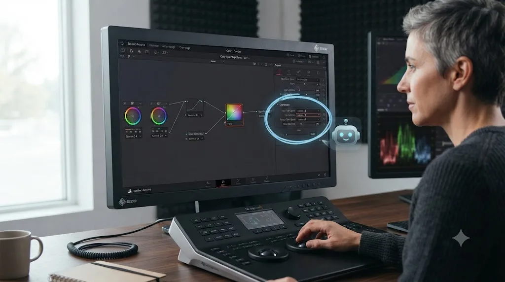 Illustration of an AI tutor overlay circling a color grading control on a DaVinci Resolve screen to teach rather than automate