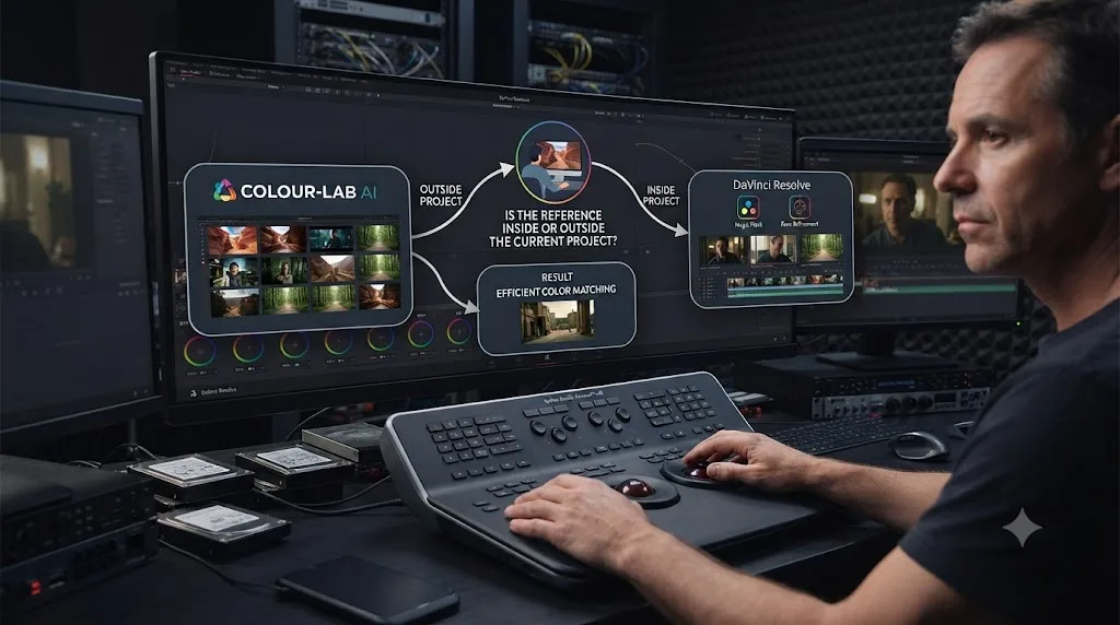 Illustration of a decision tree helping a colorist choose between ColourLab AI and DaVinci Resolve's Neural Engine