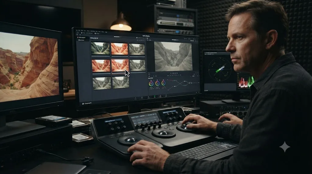 Illustration of a colorist selecting a reference image in ColourLab AI before matching a DaVinci Resolve clip