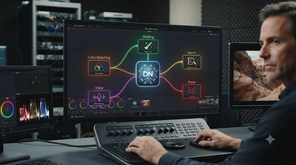 Illustration of DaVinci Resolve's Neural Engine branching into masking, search, focus, and color matching features