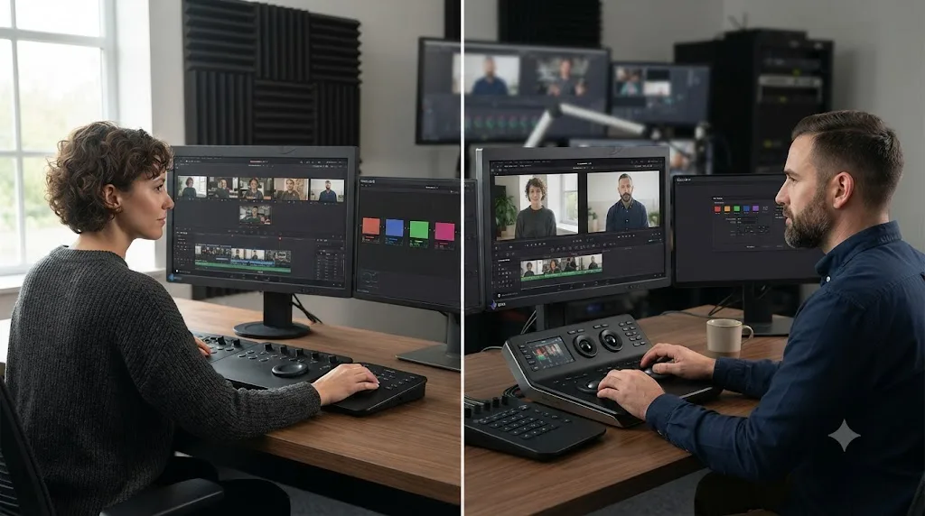 Illustration of two colorists, one using ColourLab AI across five cameras and one using Shot Match on a two-camera interview