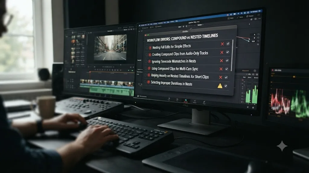 Illustration of a checklist of common mistakes when choosing between compound clips and nested timelines in DaVinci Resolve