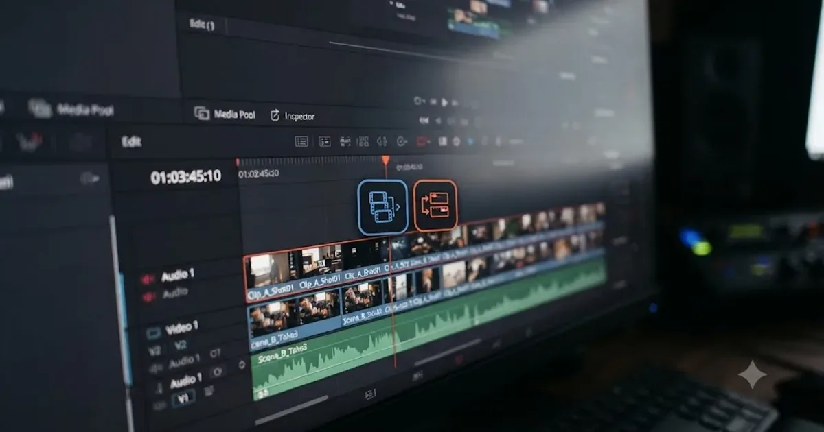 Illustration of a compound clip icon and a nested timeline icon side by side on a DaVinci Resolve timeline