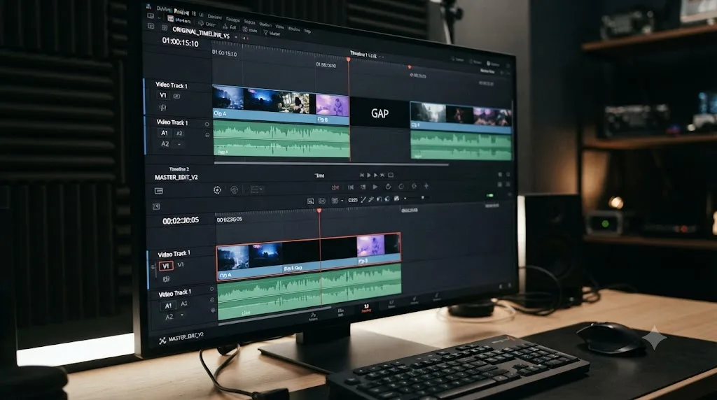 Illustration of a trimmed original timeline leaving a black gap inside a nested instance in DaVinci Resolve
