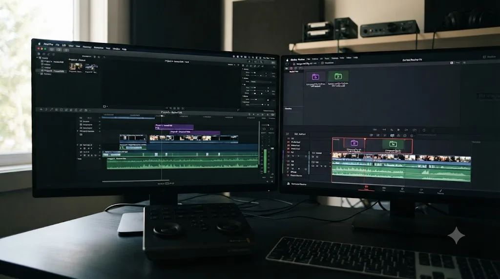 Illustration of Final Cut Pro nested sequences and compound clips both converging into DaVinci Resolve compound clips on import
