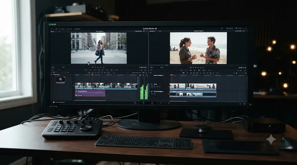 Illustration comparing a frozen compound clip against a live-updating nested timeline in DaVinci Resolve
