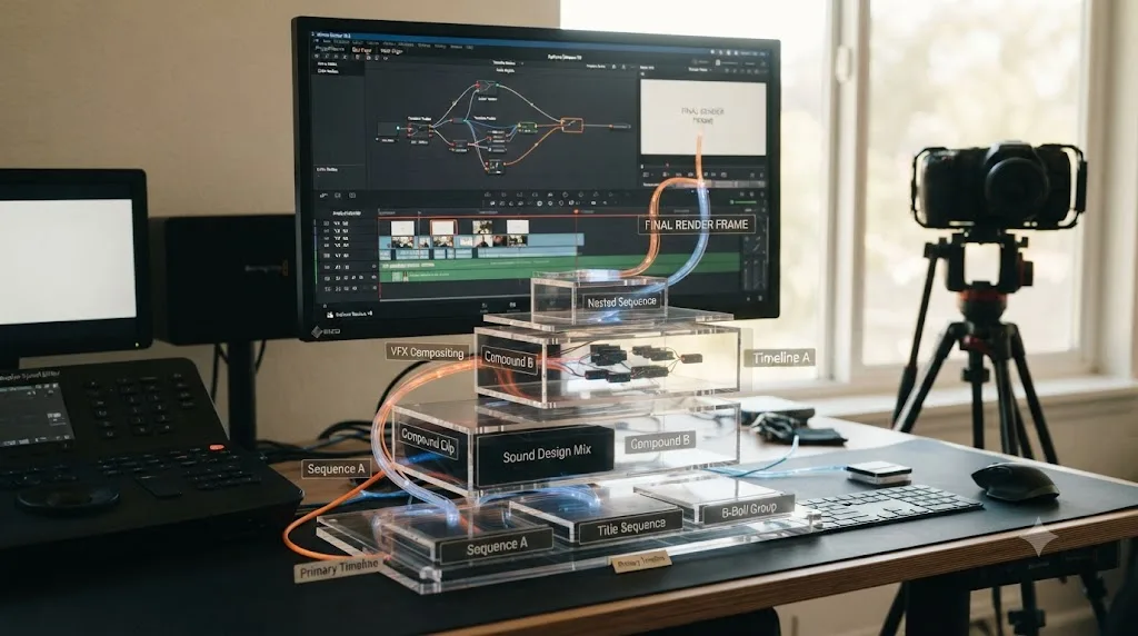 Illustration of nested timelines and compound clips stacked as layered evaluation steps in DaVinci Resolve