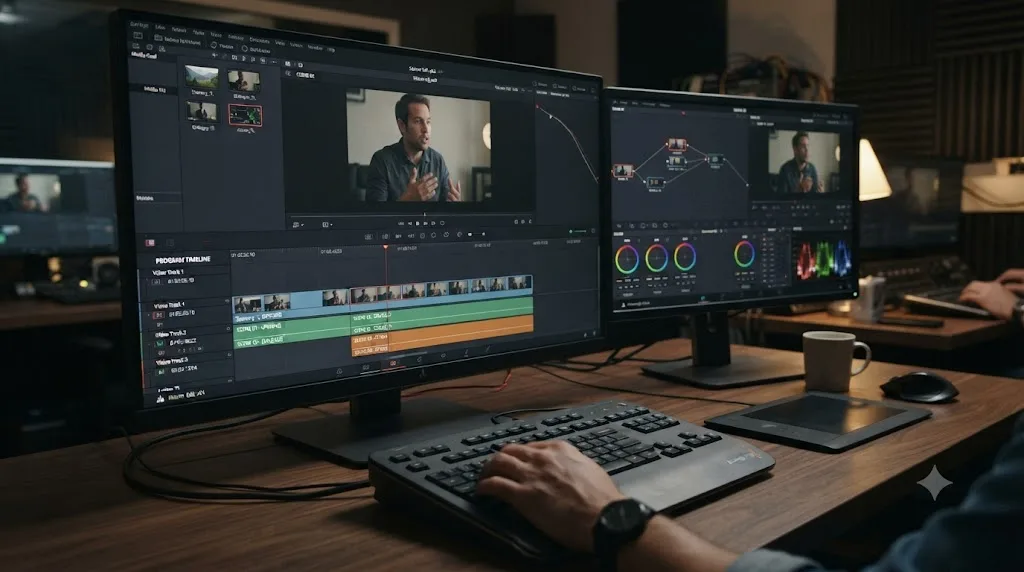 Illustration of separate scene timelines being assembled into one nested master timeline in DaVinci Resolve
